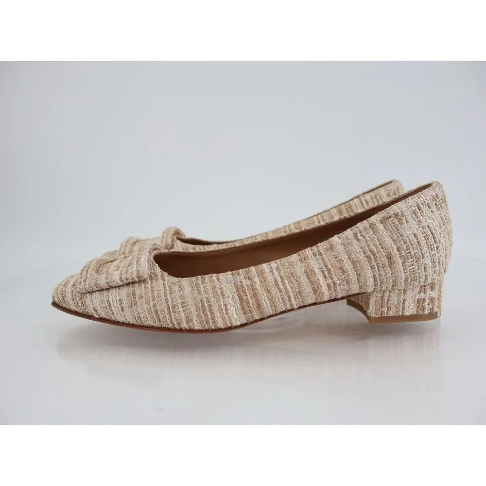 ANN MASHBURN Beige Tweed Low Heel Pumps with Buckle